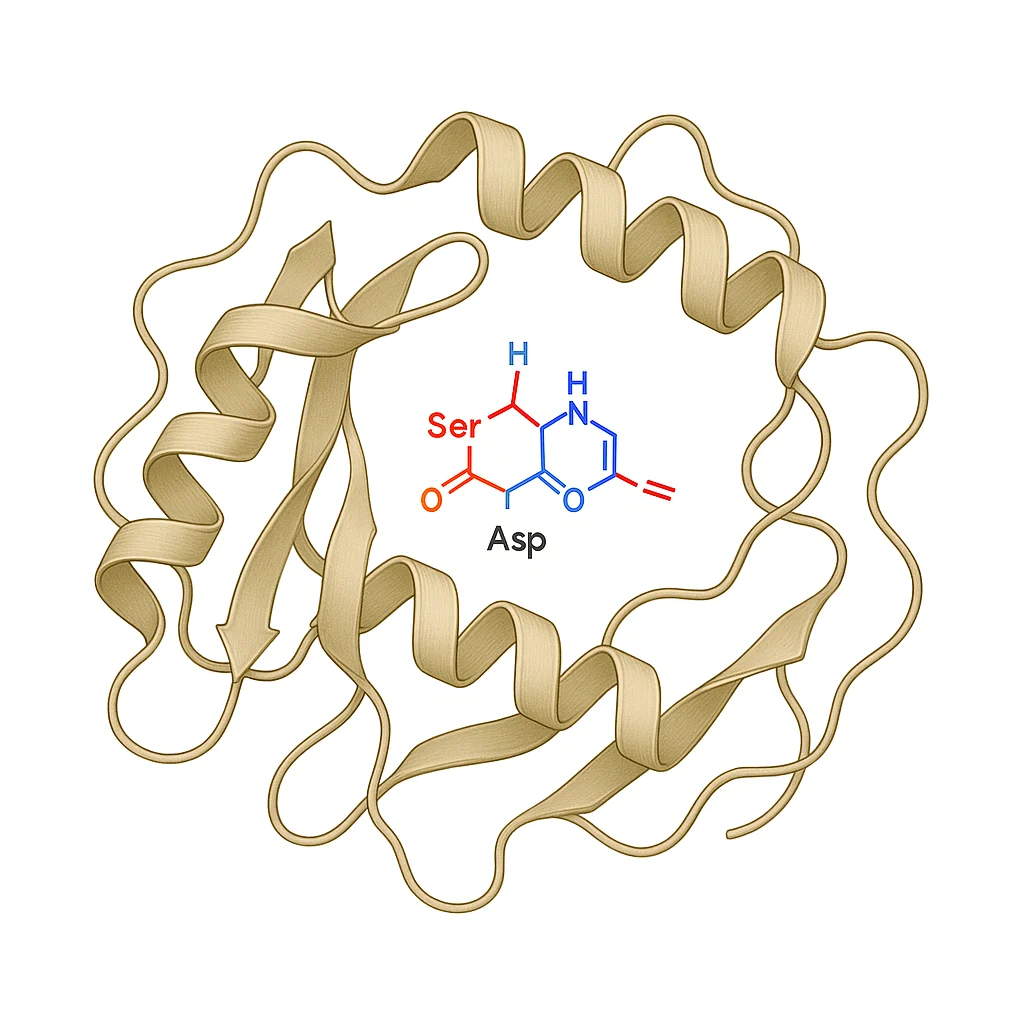 Ribbon diagram of the protease, with the serine and aspartate residues of its active site drawn at the centre.