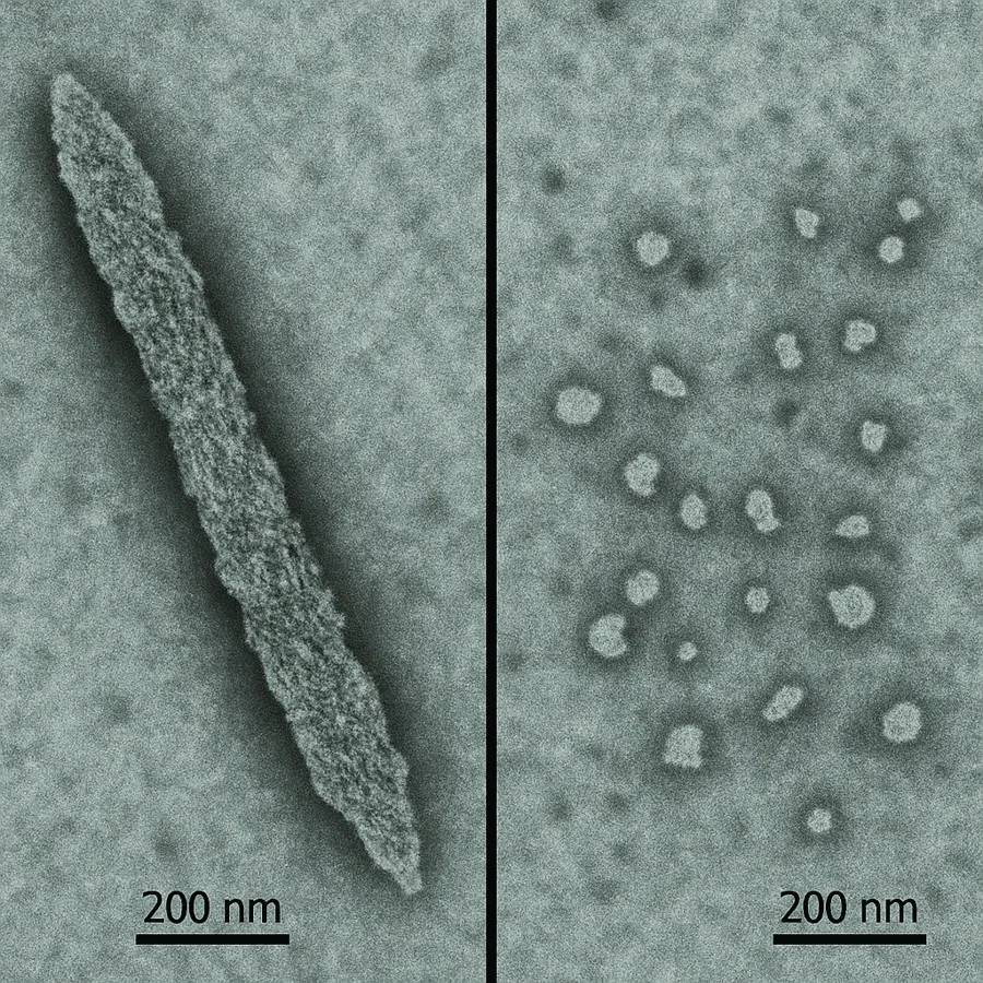 Two transmission electron micrographs side by side, each with a 200 nm scale bar.