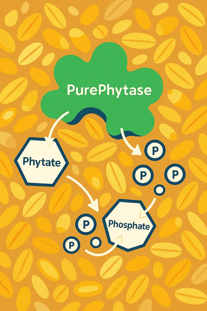 Illustration of PurePhytase acting on phytate in feed grain and releasing phosphate.